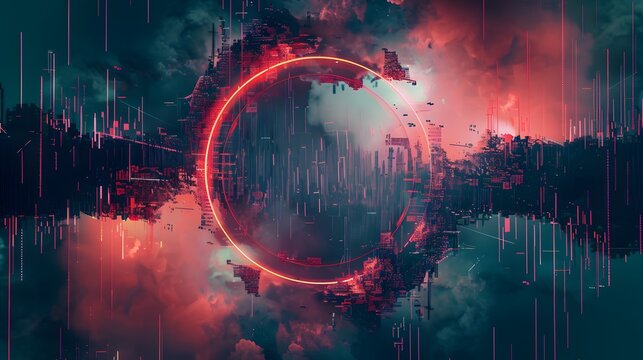 Glitch circle. Distorted glowing circle cyberpunk style. Futuristic round shape with TV interference effect. Design for promo music events, games, web, banners, backgrounds. 