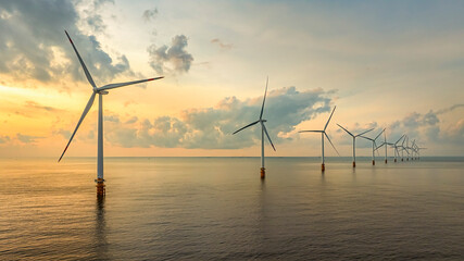 Obraz premium Landscape with Turbine Green Energy Electricity, Windmill for electric power production, Wind turbines generating electricity on ocean at Ba Dong, Tra Vinh, Vietnam. Clean energy concept.
