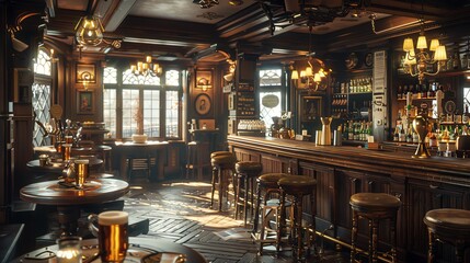Traditional English pub with dark wood and brass details, pint of ale on the bar, cozy and inviting