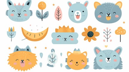 Naklejka premium A serene collection of forest and domestic animal illustrations in a contemporary flat design style