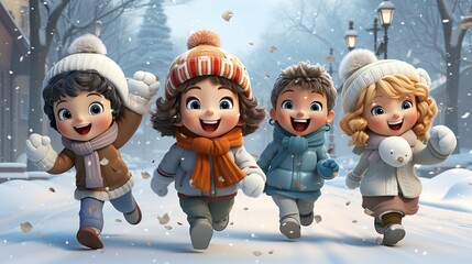 Frosty pals engaged in a spirited snowball fight, laughter echoing amidst the flurry of snowflakes in the wintry air. 3d render cartoons character, full body, Isolate on white background, Center