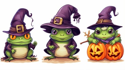 Fototapeta premium Three cartoon frogs dressed as witches for Halloween with pumpkins and magic wand