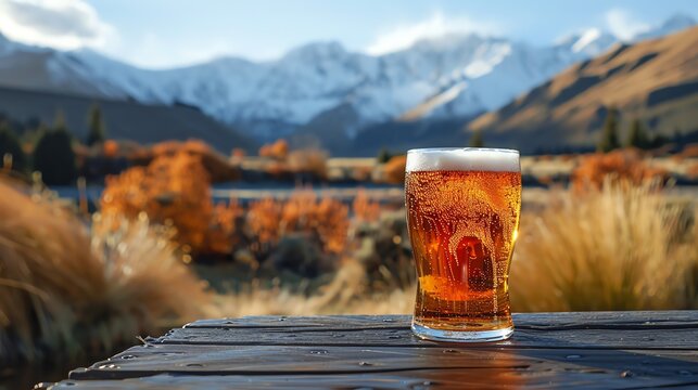 A pint of beer with a scenic mountain view in the background, outdoor adventure vibe, crisp and refreshing