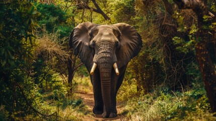 Fototapeta premium Majestic African elephant walking towards the camera on a peaceful forest path surrounded by lush greenery, invoking a sense of adventure and the wild