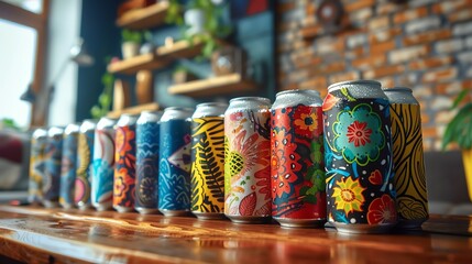 Assorted craft beer cans with artistic designs, vibrant and modern look, casual living room setting