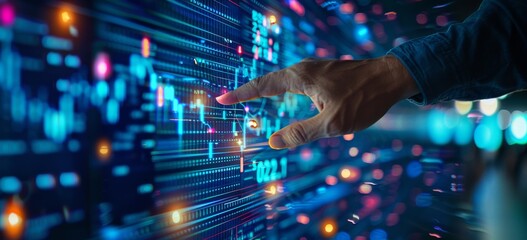 Business professional interacting with futuristic digital interface displaying data