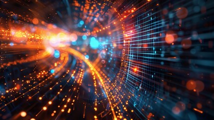 Obraz premium An intense digital abstract illustration displaying particles zooming through a grid at warp speed with a strong red and blue color palette