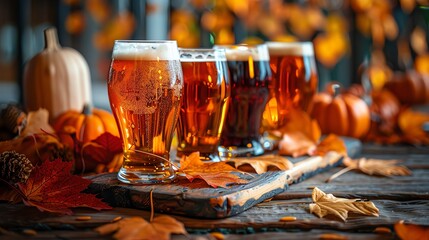 Beer flight with seasonal brews, autumn leaves and pumpkins in the background, cozy fall atmosphere