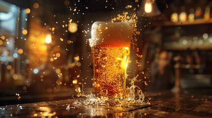 Beer pouring into a glass, dynamic splash and foam, vibrant pub setting with happy patrons in the background