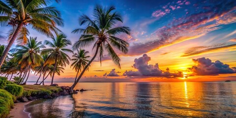 Vibrant sunset at a tropical coast with palm trees and calm ocean waters, Sunset, Tropical, Coast, Palm trees, Beach, Ocean
