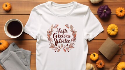 White t-shirt with a fall-themed quote encircled by leafy graphics on a wooden background
