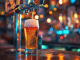 Close-up of a beer tap with a pint glass being filled, bustling bar atmosphere with colorful lights