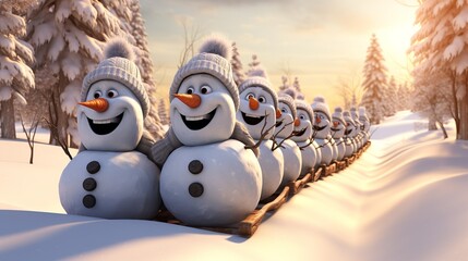 Obraz premium Group of snowmen and snowwomen enjoying a leisurely sleigh ride through a picturesque snowy countryside, laughter filling the air. 3d render cartoons character, full body, Isolate on white