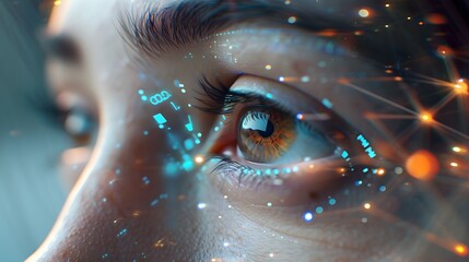 A close-up of a person's eye with a digital overlay representing augmented reality, generative AI
