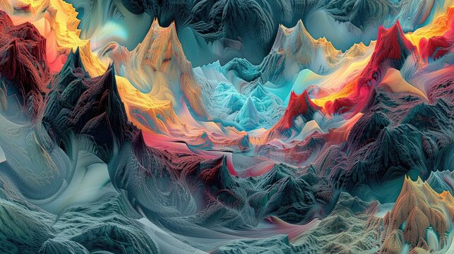 Flowing psychedelic colors on a posterized fractal composition featuring mountains and crevasses