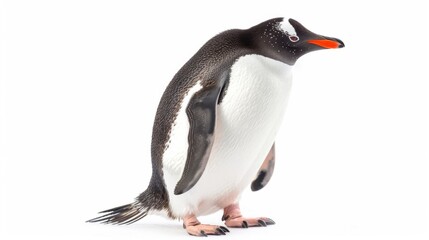 Naklejka premium Gentle Gentoo penguin turning its head looking back, isolated on white background