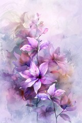 A painting of purple flowers with a blue background. The flowers are arranged in a way that they seem to be reaching towards the sky. The painting has a dreamy, ethereal quality to it