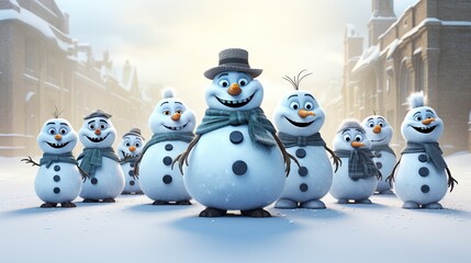 Obraz premium Snowman gracefully leading a group of woodland creatures in a whimsical snow dance, their movements synchronized with the falling flakes. 3d render cartoons character, full body, Isolate on white