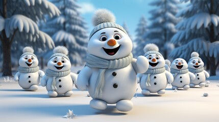 Snowman gracefully leading a group of woodland creatures in a whimsical snow dance, their movements synchronized with the falling flakes. 3d render cartoons character, full body, Isolate on white