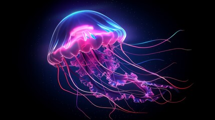 Striking digital art of a pink jellyfish glowing with bioluminescent colors against a dark space