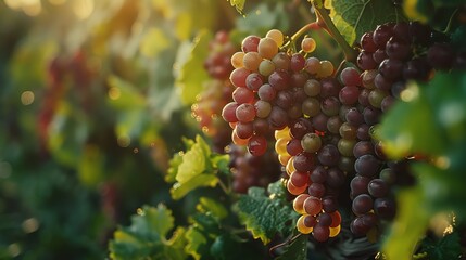 Wine grapes on the vine, close-up, lush green vineyard, natural and vibrant
