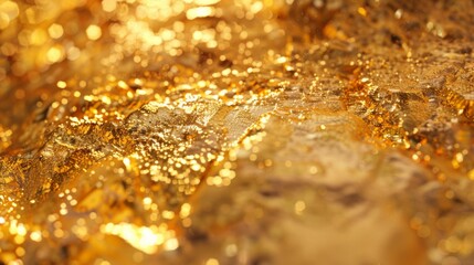 Macro shot of a golden surface with shimmering and sparkling details, giving an impression of luxury