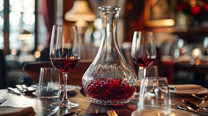 Red wine in a decanter, rich and sophisticated table setting, elegant and luxurious
