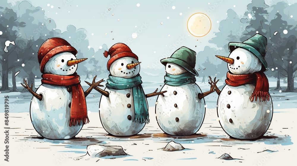 Wall mural Snowman trio engaged in a friendly game of snowman bowling, their makeshift snowball pins toppling with each well-aimed throw. Flat color illustration cartoons character, full body, Isolate on white