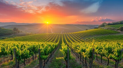 Fototapeta premium Vineyard during sunset, rows of grapevines, serene and picturesque landscape
