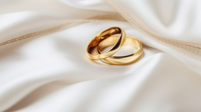 Two wedding bands resting on premium white silk cloth depicting commitment