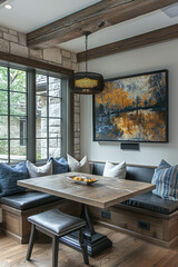 Cozy and Modern Dining Nook with Rustic Accents, Large Windows, and Contemporary Art in a Bright Home Interior with Comfortable Seating