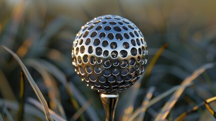 A high-definition, artistically rendered image of a black golf ball with reflections, on grass during sunrise or sunset