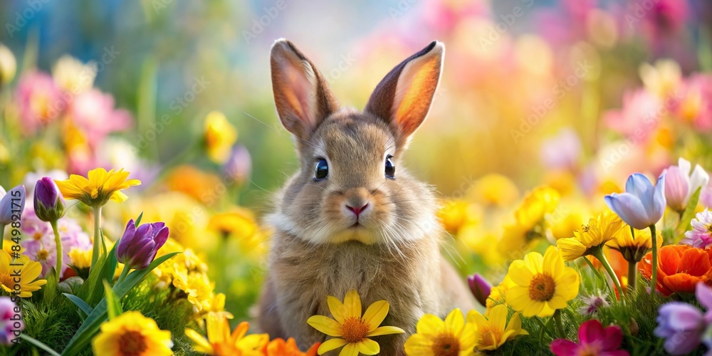 Wall mural Bunny surrounded by colorful flowers, bunny, flowers, cute, Easter, spring, nature, animal, garden, vibrant, petals - Wall murals
