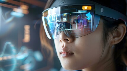 A person wearing smart glasses with augmented reality overlays providing real-time information, generative AI