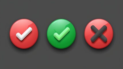 A modern set of red and green badge icons with check marks and crosses on a dark background