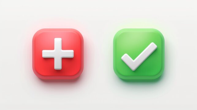 A pair of bright red and green 3D icons of a plus and check mark in a minimalistic design - Powered by Adobe