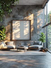 Serene Modern Interior with Large Windows, Lush Greenery, and Cozy Seating Nook Featuring Natural Light and Concrete Walls