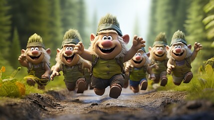 Gnomes competing in a friendly race through a mossy glen, their tiny legs pumping as they dash towards the finish line. 3d render cartoons character, full body, Isolate on white background, Center