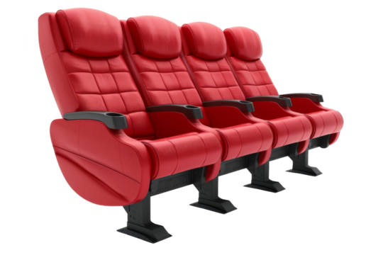 Four red cinema seats arranged in a row, isolated on a white background, providing a luxurious and comfortable seating experience.