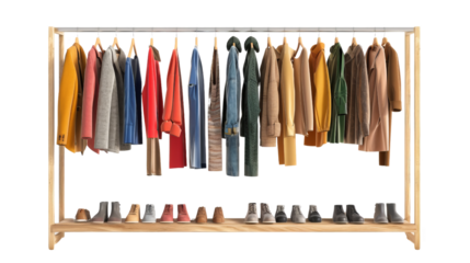 Organized clothing rack with colorful jackets and coats, neatly aligned shoes below, showcasing stylish and seasonal fashion choices.