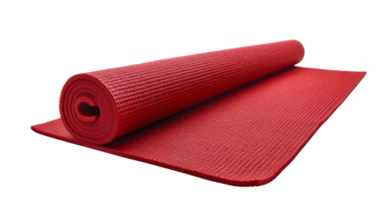 Red yoga mat rolled at one end, ideal for fitness, exercise, and workouts on a non-slip surface. High-quality, durable, and comfortable.