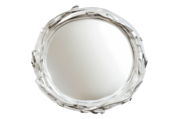 Round decorative mirror with artistic silver frame, isolated on white background. Perfect for interior design and home decoration.