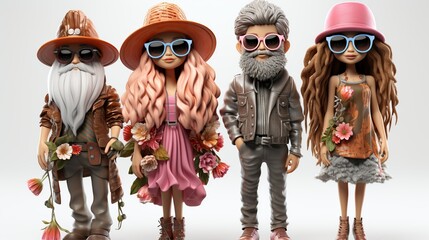 Gnome fashionistas hosting a glamorous fashion show, modeling the latest trends in leafy couture and acorn accessories. 3d render cartoons character, full body, Isolate on white background, Center