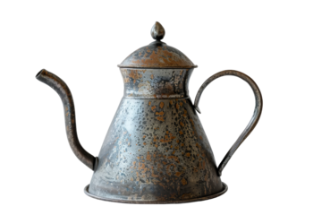 Vintage metal teapot with rustic patina, featuring a curved spout and handle, isolated on white background.