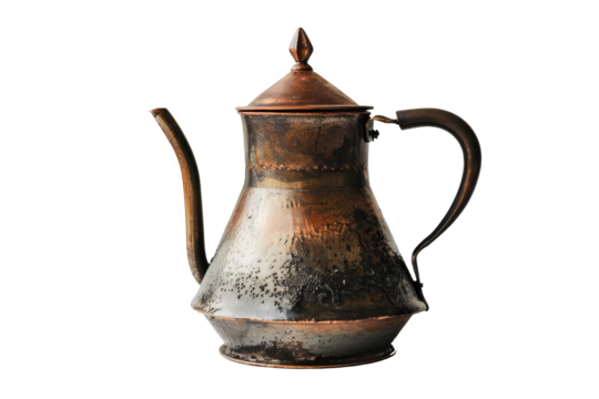 Vintage copper teapot with a rustic patina finish. Perfect for classic, antique, and nostalgic kitchen decor or themed photography props.
