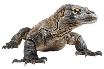 Obraz premium A close-up shot of a Komodo dragon in a studio setting, showcasing its textured skin and alert stance.