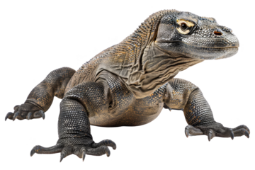 A close-up shot of a Komodo dragon in a studio setting, showcasing its textured skin and alert stance.
