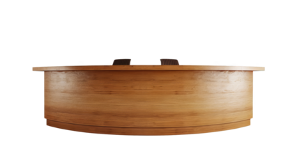 A modern, wooden reception desk with a curved design, perfect for offices, hotels, or business environments, providing a sleek and professional welcome.
