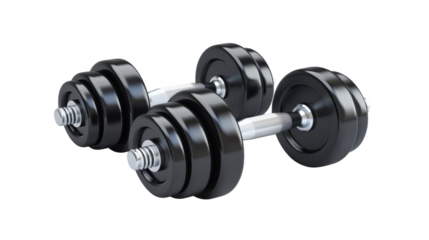 A pair of black dumbbells with silver handles isolated on a white background, perfect for fitness, gym, and workout related themes.