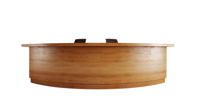 A modern, wooden reception desk with a curved design, perfect for offices, hotels, or business environments, providing a sleek and professional welcome.
